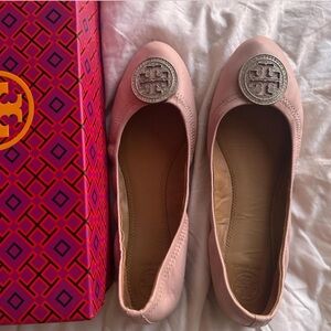 Tory Burch Blush Pink Loafers with Silver Logo